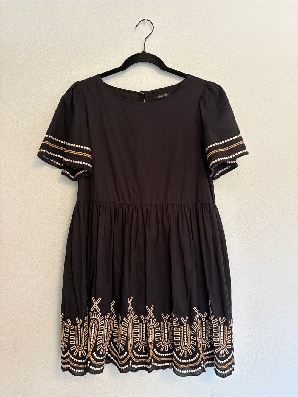Madewell Black Mini Dress with Cream and Tan Embroidery